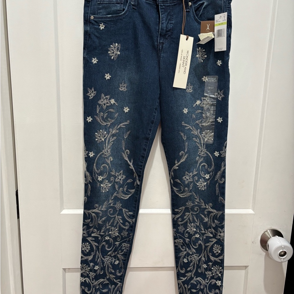 Vintage America Blue and White Skinny Jeans with Floral Embroidery